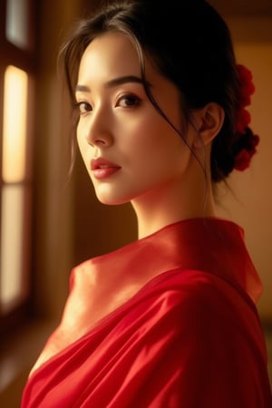 A stunning Japanese woman wearing a vibrant red sari, her beauty accentuated by the rich fabric. The scene is framed in a close-up shot, capturing her elegant pose and serene expression. Soft, warm lighting highlights her features, creating a harmonious composition. The background is subtly blurred, focusing attention on her graceful presence.