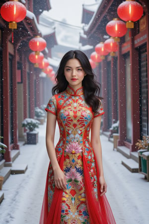 ((photorealistic)) image of a 25-year-old woman of mixed Japanese and Chinese heritage posing confidently on a ((snowy street)). She wears a ((sexy vibrant red cheongsam with gold embroidery)), the dress fitting elegantly to her form. Her black hair is styled in soft waves, cascading over her shoulders. The street is covered in a blanket of fresh snow, with traditional lanterns hanging above, casting a warm glow that contrasts with the cool, crisp air. The woman's full-body pose is poised and graceful, with a serene expression as snowflakes fall gently around her, creating a picturesque winter scene,Made of adrr-zllj,landscape,Midjourney_Whisper