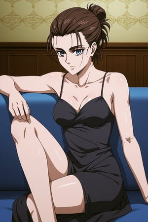 ( MAPPA STYLE) , ( harper's bazaar background)( vogue background ) , ,eren_yeager_s4,blue eyes,brown hair,short hair,hair bun,single hair bun,medium breasts , jyojifuku,dress,bare shoulders, female focus, solo, 1woman.sitting on a sofa, one arm resting on the back of the sofa, he looks straight at you, she poses like a model.