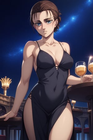 MAPPA STYLE,( night background) , ( luxury palace background ) , ( restaurant) background , ( HD) , attractive woman beautiful woman,,eren_yeager_s4,blue eyes,brown hair,short hair,single hair bun, long black dress with a slit,medium breasts, curvy, , genderbend swap, solo, 1woman .,score_9,score_7_up,score_8_up,score_5_up,score_6_up,score_4_up,source_anime,BREAK