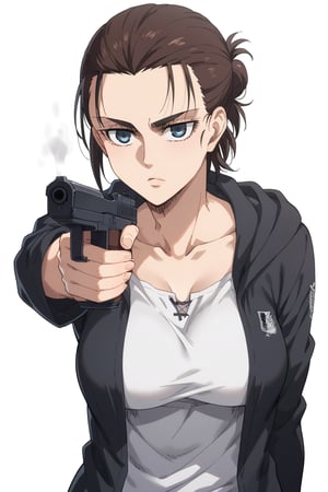 ( Mappa style) ,( Paradis Island),eren_yeager_s4,blue eyes,brown hair, long hair,hair bun,single hair bun,Beautiful eyes,Eyes,serious look, black hooded cardigan, besh t-shirt, big breasts, genderbend swap, solo, 1woman.,holding gun,handgun,aiming,score_9,score_8_up,score_7_up,