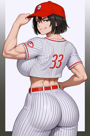 ((masterpiece)),((best quality)),((ultra detailed)),short hair,black hair ,straight hair,put up hair , sharp eyes,formous,muscular,big breasts, ,big fat ass,hot,smirks,hud_bbll_plyr, baseball cap, striped, mi, solo,1woman. by baseball.