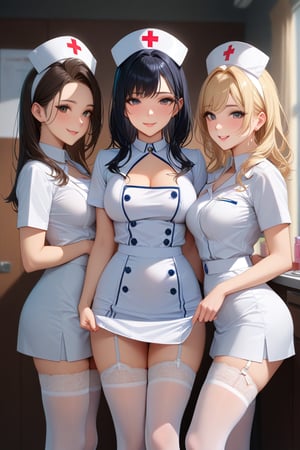 masterpiece, best quality, extremely detailed, 3girls,adult,nurse,glamor,white nurse uniform,miniskirt,nurse cap,white lace panty,white lace stocking,garter,pumps,angelic smile,standing side by side,(((skirt_lift))),cowboy＿shot,,