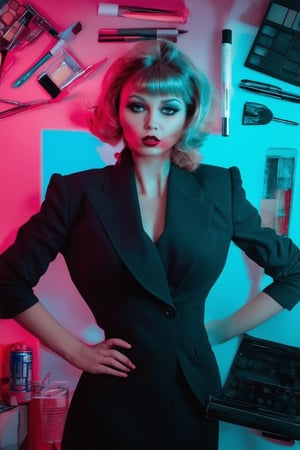 A sultry 80s beauty posing in a dimly lit, neon-lit studio, surrounded by retro hair styling tools and makeup palettes. Shoulder pads accentuate her fitted blazer as she confidently gazes directly at the camera, lips painted a bold red, with a hint of smoky eye drama. A can of hairspray and a cassette tape sit in the background, paying homage to the era's iconic aesthetic.