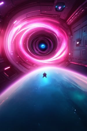 Render a futuristic 3D animation set in a vibrant pink space station. The camera captures a wormhole's swirling vortex in the foreground, with a sleek spacecraft entering the pink nebula's depths. Soft pink lights illuminate the darkened metal hulls and glowing consoles within the ship. In the distance, stars twinkle like diamonds against the cosmic canvas.