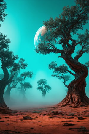 A surreal, otherworldly landscape: 'Cyan Planet.' A serene, crystal-clear cyan-hued atmosphere envelops a barren yet vibrant planet. Towering, twisted trees rise like sentinels from the rust-red terrain. In the foreground, an ethereal, iridescent mist swirls around the base of the trees. Soft, warm lighting casts long shadows, adding depth and mystery to this captivating, dreamlike scene.