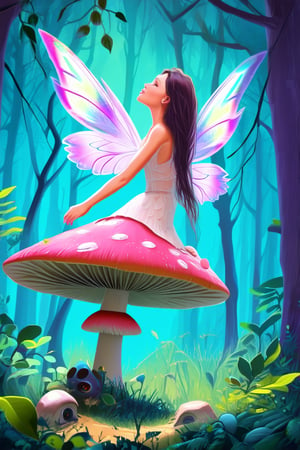 Vibrant 2D illustration art piece: A whimsical fairy perches on a toadstool amidst a mystical forest, her iridescent wings glimmering in soft, warm light. The camera frames the scene from a low angle, looking up at the fairy, emphasizing her delicate features and the lush foliage surrounding her.