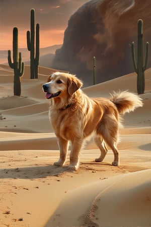 A majestic golden retriever stands proudly amidst a vast, arid desert landscape. The sun casts a warm glow, illuminating the sandy dunes and cacti. The dog's fur shines like liquid gold, blending seamlessly with the surrounding environment. A subtle gradient of orange and pink hues stretches across the horizon, as the dog surveys its domain.