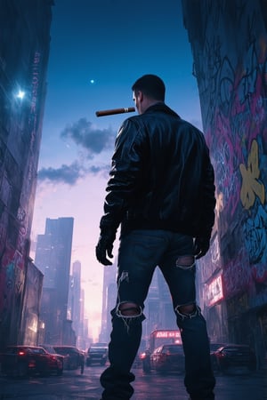 Low-lit cityscape at dusk. A lone figure, dressed in a black leather jacket and ripped jeans, stands atop a graffiti-covered building, backlit by the neon lights of the city's towering skyscrapers. The cyberpunk hero's gloved hand holds a smoking cigar, while their piercing gaze scans the crowded streets below. The gritty urban landscape is set against a darkening blue sky, with stars beginning to twinkle like diamonds.