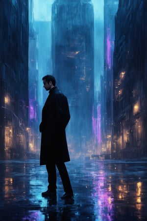 A futuristic cityscape at dusk, with sleek skyscrapers and neon lights reflecting off wet pavement. A lone figure in a black coat stands at the edge of the frame, looking out onto the bustling metropolis. The pose is contemplative, with hands tucked into pockets. The background is a deep blue, with hints of purple and orange from the city's glow. The line art style gives the scene a bold, graphic quality.