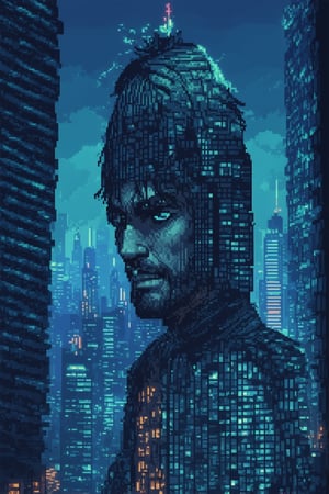 A high-energy close-up shot of a gamer's face, pixel art-style, with a triumphant expression and a hint of sweatiness, framed by a faint glow of computer screens. The lighting is dimly lit, with a warm blue hue emanating from the screens, casting an intimate atmosphere. In the background, a blurred cityscape with neon lights and towering skyscrapers, subtly suggesting the gamer's digital conquests.