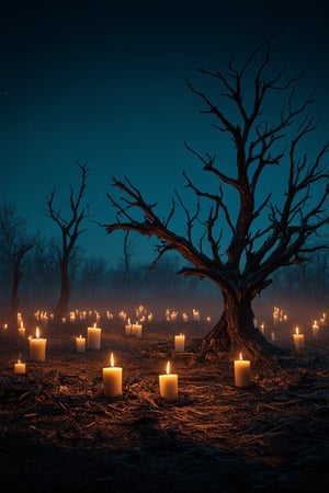 A hauntingly atmospheric image of a desolate world, shrouded in darkness. The camera captures a vast expanse of twisted, charred trees and withered underbrush, set against a foreboding, midnight-blue sky. A lone, gnarled tree stands tall, its branches like skeletal fingers reaching towards the void. The only light comes from flickering, malevolent candles scattered throughout the scene, casting eerie shadows on the ground.