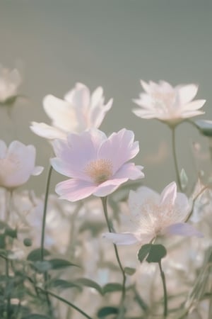 Delicate petal blooms on a soft focus flower background, subtle gradient of pastel hues from pale pink to lavender, gentle sunlight casting a warm glow, delicate white petals slightly curled and overlapping, delicate green stems and leaves subtly blurred in the distance, invitingly intimate composition.