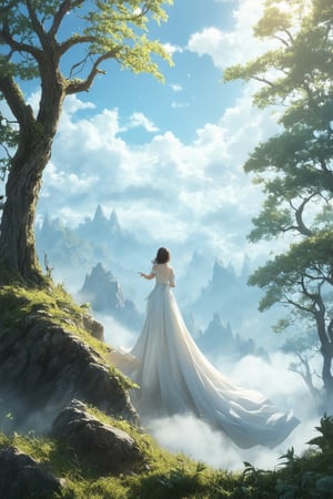 A whimsical fantasy scene unfolds as a young protagonist, dressed in a flowing white gown, stands atop a misty mountain peak, surrounded by towering trees and vines. Soft, golden light illuminates the landscape, casting long shadows across the rugged terrain. In the distance, a wispy dragon's tail disappears into the clouds, while the protagonist's outstretched arm beckons the viewer to join the mystical journey.