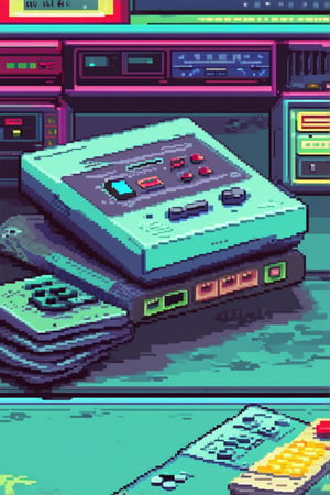 A close-up shot of a vintage pixel art game console, with a retro-themed background featuring 8-bit graphics and neon lights. The console's casing is a vibrant blue, with pixelated buttons and joysticks prominent in the frame. A stack of classic games sits neatly beside it, as if waiting to be inserted.