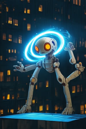 A futuristic robotic creature with a swirling vortex of neon lights on its body, set against a darkened cityscape at dusk. The robot's limbs splayed out in a dynamic pose, as if frozen mid-movement. A bright beam of light from a nearby skyscraper illuminates the scene, casting long shadows across the gritty urban landscape.