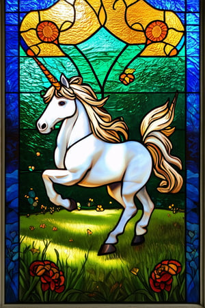 Vibrant stained glass window depicting a majestic unicorn prancing across a lush meadow, surrounded by swirling floral patterns and geometric shapes in shades of emerald green, sapphire blue, and amber yellow. Soft sunlight casts a warm glow on the intricate design, with subtle shading and texture adding depth to the fantastical scene.