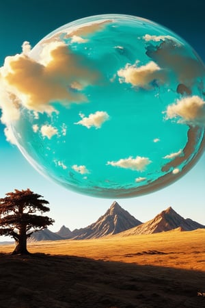 A surreal, vibrant world emerges as the camera pans down to reveal a cyan-hued planet with wispy clouds and towering, iridescent mountains. The landscape is bathed in a warm, golden light that casts long shadows across the alien terrain. A lone, glowing tree stands sentinel, its trunk swaying gently in an unseen breeze.