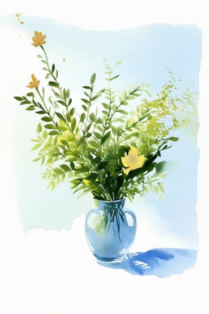 A serene watercolor painting depicts a delicate vase filled with lush greenery, set against a soft blue background. Delicate brushstrokes dance across the canvas, capturing the gentle play of light on petals and leaves. A hint of golden sunlight warms the edges, while the overall mood remains peaceful and calming.