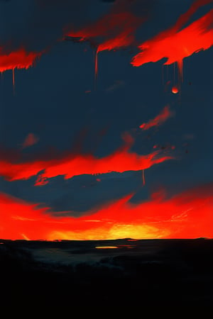 A fiery red hue engulfing a majestic landscape: A blazing sunset sets ablaze the sky, with warm orange and yellow tones melting into a deep crimson. Flames dance across the horizon, as if the very heavens themselves are aflame. The air is alive with an intense, burning energy, as the world is bathed in this passionate red fire color.