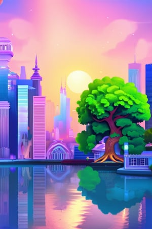 Vibrant digital illustration featuring a whimsical 3D-style cityscape at sunset, with pastel-hued buildings and twinkling lights reflected in the serene lake below. A lone hot air balloon drifts lazily above, while a majestic tree towers beside, its branches stretching towards the sky like nature's own work of art.