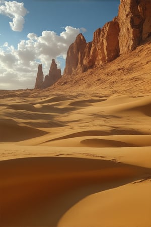 Golden Desert: A majestic landscape depicts a vast expanse of golden sand dunes stretching towards the horizon under a bright blue sky with puffy white clouds. In the distance, towering rock formations rise from the ground, their rusty red hues contrasting beautifully with the sandy terrain. The framing of the shot features a dramatic low-angle view, emphasizing the grandeur of the desert landscape, with warm golden light illuminating the scene and casting long shadows across the dunes.