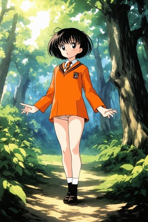 A young Kagome Higurashi from the popular anime series 'Inuyasha' stands proudly in a lush forest setting, surrounded by towering trees and vibrant greenery. Her orange school uniform is a pop of color against the natural backdrop, with her determined expression and outstretched hand framing the shot. Soft, warm sunlight filters through the leaves, casting a golden glow on her face. The camera is positioned at eye-level, capturing Kagome's confident pose as she stands firmly in the midst of the mystical forest.