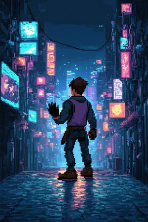 A close-up shot of a pixelated figure in a dimly lit, neon-lit alleyway at night. The subject is surrounded by glitchy, distorted screens and wires, with a cityscape visible through the haze. The pixel art character's pose exudes confidence, as they raise their hand to reveal a glowing, high-tech glove. The composition focuses on the character's determination, with the urban backdrop hinting at a world of digital intrigue.