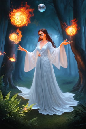 A whimsical depiction of a mystical forest at dusk, with ethereal mist swirling around ancient trees and glowing orbs suspended amidst wispy ferns. In the center, a bespectacled sorceress in flowing white robes stands poised, hands weaving intricate patterns as fiery sparks dance across her fingertips.