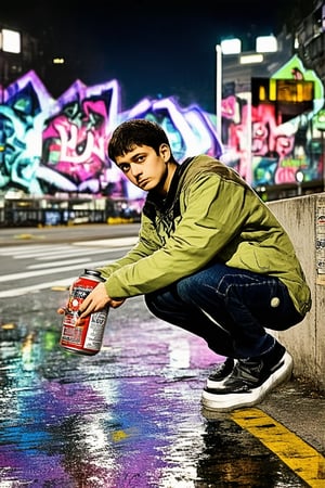 A vibrant urban scene: a young graffiti artist, 'Kun', crouches on a worn concrete wall, spray can held tightly in hand. The cityscape behind him is a kaleidoscope of colors - neon lights reflecting off wet pavement, and the sounds of traffic humming. His eyes are focused on his art, as he brings another vibrant piece to life.