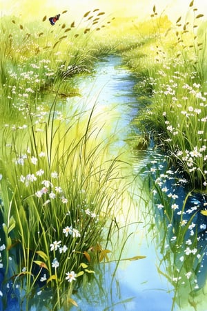 A delicate watercolor painting captures a serene moment: A gentle stream meanders through a lush meadow, its crystal clear waters reflecting the soft blue sky. Tall grasses and wildflowers sway softly in the breeze, their petals delicately rendered in feathery brushstrokes. A few scattered leaves and a solitary butterfly add subtle texture and movement to the dreamy scene.