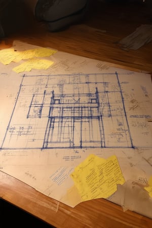 A detailed blueprint sketch on a worn wooden desk, with yellowed notes scattered around it, features intricate lines and symbols, highlighting architectural designs and structural details. Soft overhead lighting casts a warm glow, while the surrounding space is dimly lit, emphasizing the importance of the design.