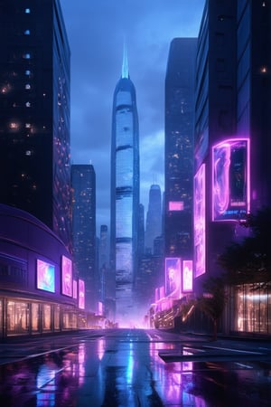 Capture a futuristic cityscape at dusk with vibrant neon lights illuminating the towering skyscrapers. Softly glowing holographic advertisements flutter on building facades as a sleek spaceship lands in the distance, casting a long shadow across the wet asphalt. The atmosphere is electric with pulsing blue and purple hues, as if the very air itself is charged with energy.