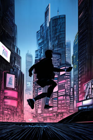 A futuristic cityscape at dusk, with sleek skyscrapers and neon-lit billboards dominating the landscape. In the foreground, a silhouette of a person in motion, possibly running or jumping, is captured against the vibrant city backdrop. The lines are bold and expressive, with heavy shading and texture giving the piece a graphic novel feel.