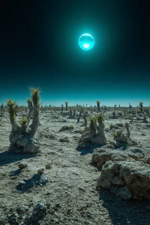 A surreal landscape unfolds: a Cyan Planet with an iridescent blue hue, as if the atmosphere has been infused with the essence of a rare gemstone. The camera frames the vista from a low angle, looking up at the horizon where the sky meets the terrain. Soft, diffused light casts long shadows across the alien landscape, accentuating the unusual rock formations and wispy, ethereal plants. A lone, glowing orb rises in the distance, casting an otherworldly glow over the scene.