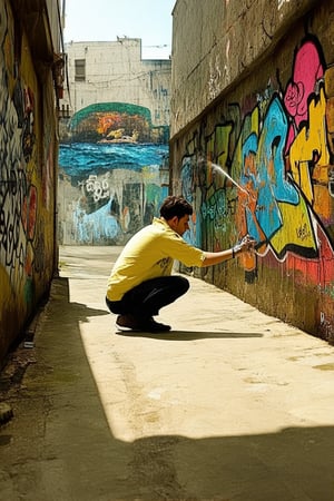 A vibrant street art scene unfolds as a young graffiti kun (artist) crouches amidst a sea of colorful murals in an abandoned alleyway. The kun's hands move deftly, spraying bold brushstrokes onto the weathered brick walls as a warm sunlight casts long shadows across the concrete floor.