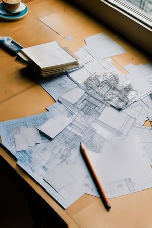 Overhead view of a worn wooden desk with scattered blueprints and sketchbooks, soft morning light filtering through the window, illuminating the intricate details of architectural drawings. A lone pencil lies abandoned next to a crumpled up coffee cup, as if the architect's creative flow was interrupted mid-thought.