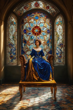 A majestic stained glass window dominates the room's interior, casting kaleidoscopic hues on the floor. Delicate panes of translucent glass, etched with intricate floral patterns, shimmer in warm sunlight. Amidst the vibrant colors, a regal figure emerges: a king or queen, rendered in rich blues and golds, sits upon a throne-like pedestal, radiating majesty amidst the kaleidoscope of colors.