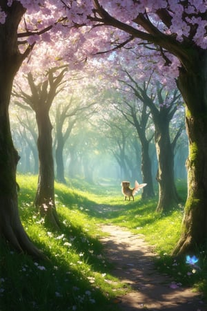 A whimsical fantasy landscape unfolds as a delicate, cherry blossom-petal-like portal sways gently in the breeze, surrounded by lush greenery and towering trees. Soft, diffused sunlight filters through the leaves, casting dappled shadows on the forest floor. A small, curious creature with iridescent wings and a mischievous grin peers out from behind a petal, as if beckoning the viewer to step into this enchanted realm.