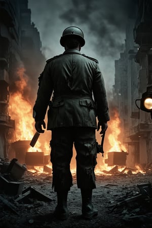 A dramatic World War II-inspired scene: A worn-out soldier, dressed in tattered uniform, stands amidst a desolate war-torn landscape. Crumbling buildings and debris surround him. Flickering searchlights cast an eerie glow on his exhausted face. In the background, smoke rises from burning cities. The soldier's weary gaze looks out upon the devastation.