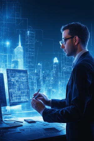 A futuristic cityscape at dusk, with sleek skyscrapers and neon-lit streets. In the foreground, a bespectacled engineer stands in front of a large computer screen, surrounded by scattered blueprints and wireframe diagrams. The engineer's hands grasp a stylus, as if sketching on an invisible whiteboard. The cityscape's vibrant colors bleed into the darkness, with subtle gradient effects. Soft focus highlights the engineer's determined expression.