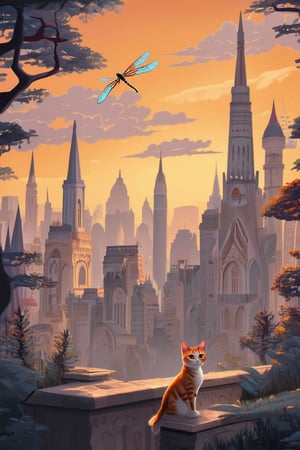 A whimsical illustration of a fantastical cityscape at sunset, with towering spires and grand archways bathed in warm orange hues. In the foreground, a curious cat perches on a intricately carved stone pedestal, gazing up at a majestic dragonfly hovering above. Softly focused background features ancient trees and wispy clouds.