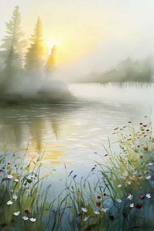 Soft focus on a delicate watercolor painting of a serene lake scene at dawn. Misty veil rises from the calm water's surface, gently caressing the surrounding lush greenery and blooming wildflowers. Warm sunlight casts a gentle glow, illuminating the subtle color palette and textured brushstrokes. Delicate ripples on the water create a sense of movement amidst the peaceful atmosphere.