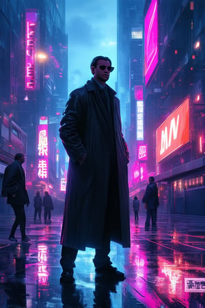 A futuristic metropolis at dusk, neon lights reflecting off wet pavement as a lone figure in a long coat and sunglasses stands at the edge of a holographic advertisement, hands jammed into pockets. The cityscape stretches out behind, towering skyscrapers illuminated by flashing billboards and streetlights.