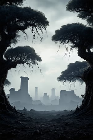 A dark and foreboding landscape dominates the frame, with a haunting darkness spreading like a shroud across the land. Tall, twisted trees reach towards the sky like skeletal fingers, their branches tangled in an otherworldly dance. In the distance, a faint glow of malevolent energy emanates from the ruins of a once-great city.