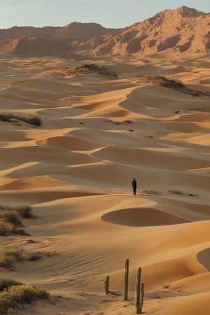 A sun-kissed desert landscape stretches out before us, with golden sand dunes rolling into the distance. A lone figure stands at the edge of a vast expanse, shrouded in the warm glow of sunset. The golden light casts long shadows across the sand, as the distant mountains rise up like giants. The air is thick with the scent of blooming cacti and the promise of adventure.