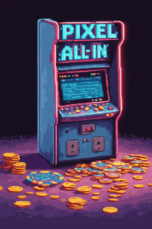 A close-up shot of a retro-style arcade cabinet with flashing neon lights and pixel art graphics on the screen. The title 'Pixel All In' is displayed prominently in bold, blocky letters. A pair of pixelated poker chips lie nearby, surrounded by a scattering of coins and tokens. The overall aesthetic is nostalgic and vibrant, evoking a sense of 8-bit excitement.