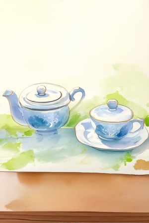 A serene watercolor painting depicts a delicate tea set on a vintage wooden table, soft morning light gently illuminating the scene. Delicate strokes of blue and green paint dance across the canvas, capturing the transparent quality of water. The tea set's intricate details are rendered in gentle whispers of white and cream, as if suspended in mid-air.