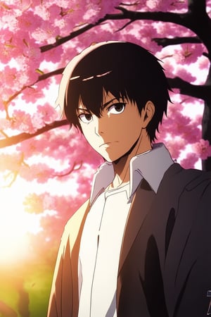 A dramatic anime scene: Kaghi's striking features are illuminated by a soft golden glow emanating from the setting sun behind him. He stands confidently in front of a vibrant pink cherry blossom tree, his eyes gleaming with determination as he gazes out at the viewer. The background is blurred, focusing attention on Kaghi's powerful pose and expressive facial expression.