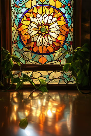 A close-up shot of a vibrant stained glass window, with intricate patterns and colors dancing across the frame. The warm sunlight casts a kaleidoscope of reflections on the floor, as delicate tendrils of greenery curl around the edges. A gentle breeze stirs the leaves, subtly animating the scene.